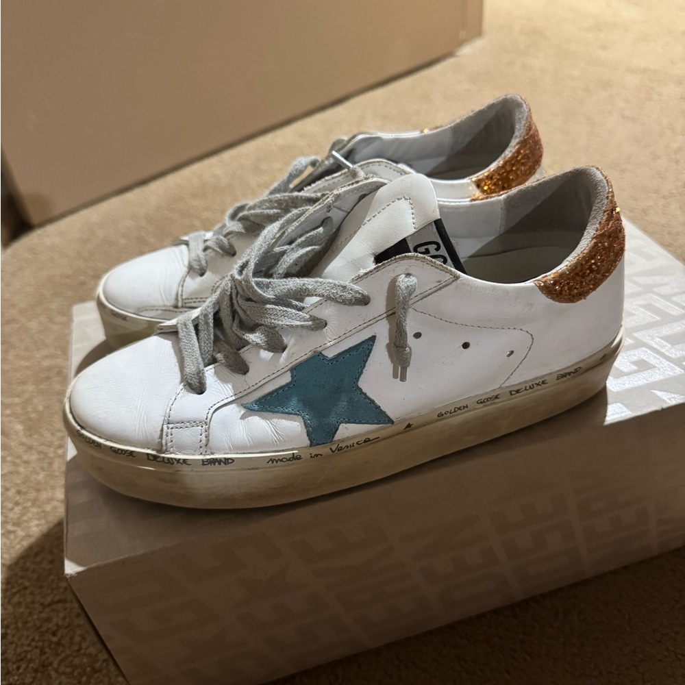 Golden Goose White Sneakers with Teal Star and Glitter Heel